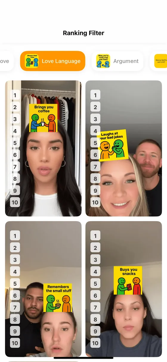 Ranking Filter gallery of recorded clips, each with a sticky-note prompt and the 1 to 10 rating rail