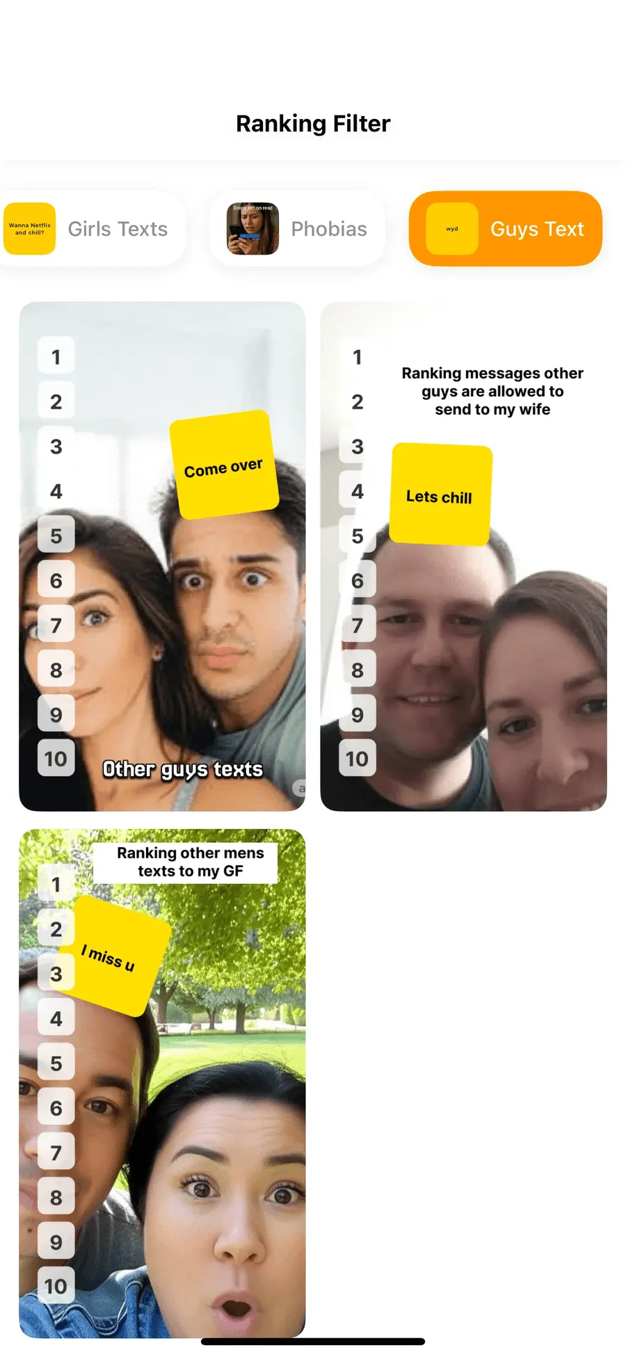 Ranking Filter app home screen with prompt sets and a gallery of recorded clips