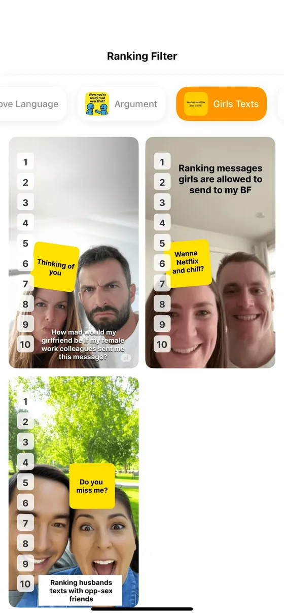 Ranking Filter gallery showing recorded reaction clips with prompts such as Thinking of you