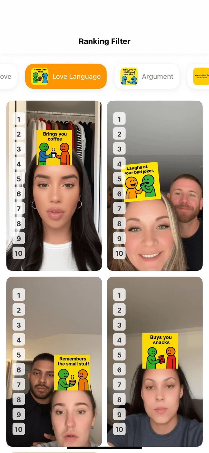 Ranking Filter gallery of recorded reaction clips with sticky-note prompts and the 1 to 10 rail