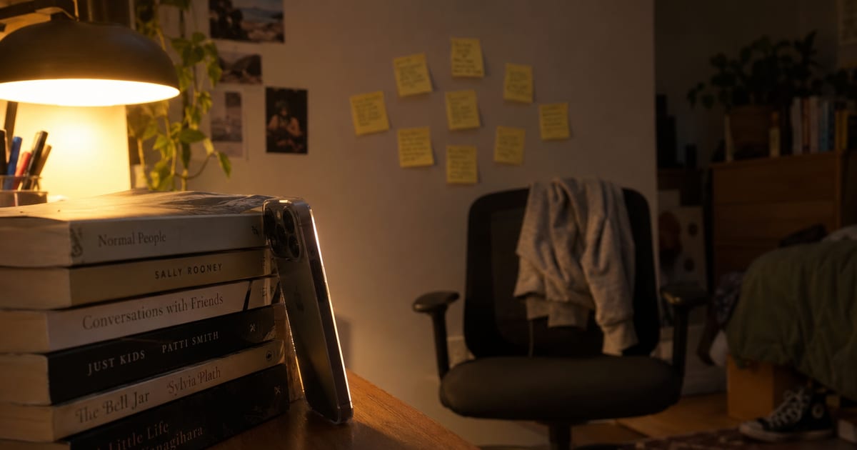 A phone propped against a stack of books in a warmly lit bedroom, facing an empty chair, with yellow sticky notes taped to the wall behind it